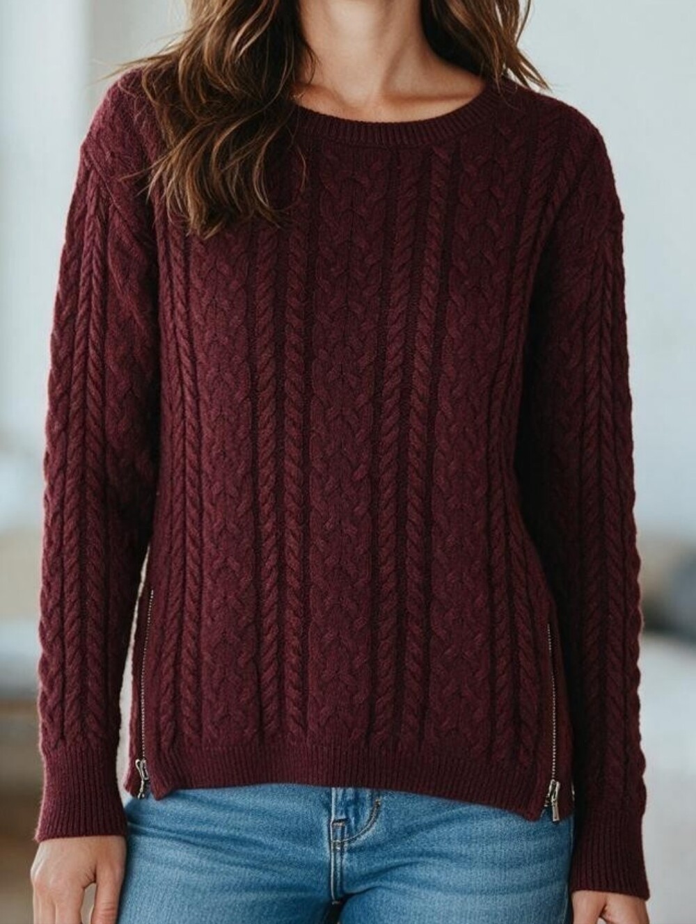 American Eagle Cable-Knit Crewneck Sweater with Side Zippers *minor defect